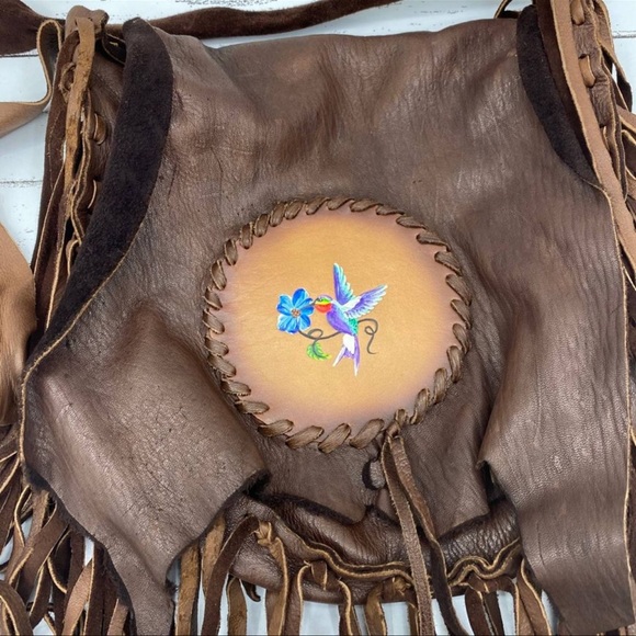 Signed Handcrafted native american leather fringe bag painted hummingbird OOaK - Picture 6 of 12